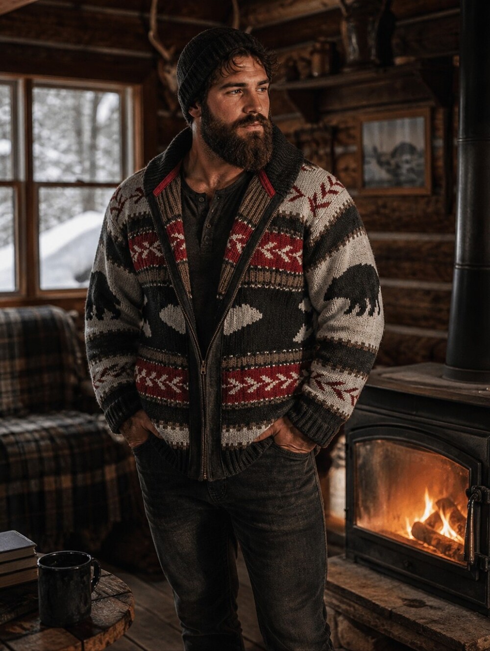 Cable Knit Chunky Cabin Sweater Men’s Knit Cardigan Zip Novelty Print Cozy M